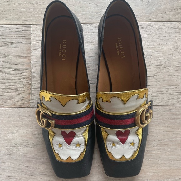 RARE gucci peyton heart heeled loafers in black multicolor leather size 37.5 - Picture 4 of 9